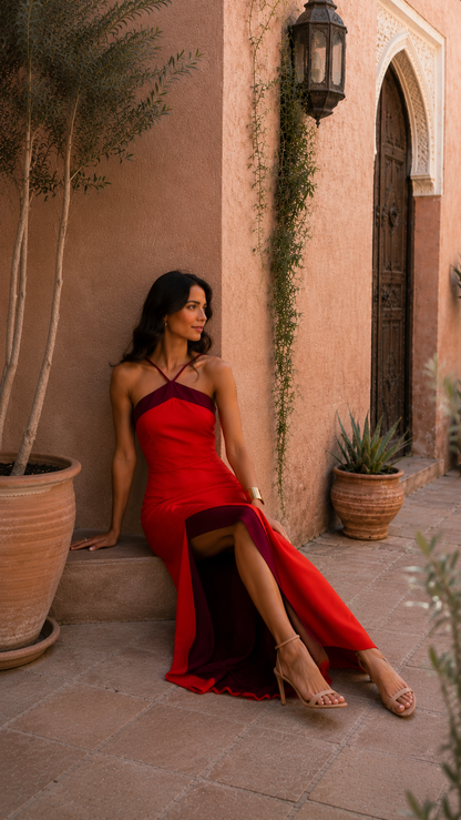 Achteraanzicht van dames halter maxi jurk met haltersluiting