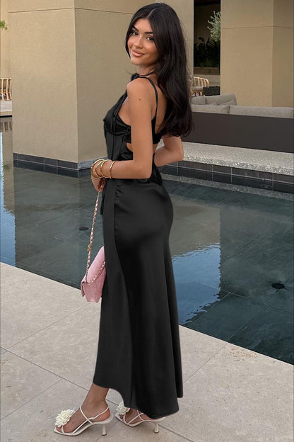 Satijn Strapless Maxi Jurk met V-hals en Strik