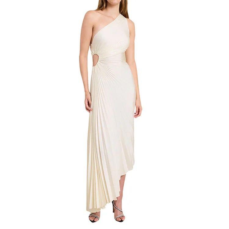 Asymmetrische geplooide midi-jurk met één schouder van poly-georgette