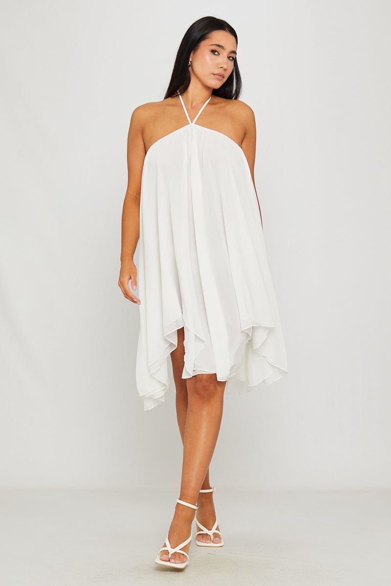 Chiffon halternek asymmetrische mini-jurk wit