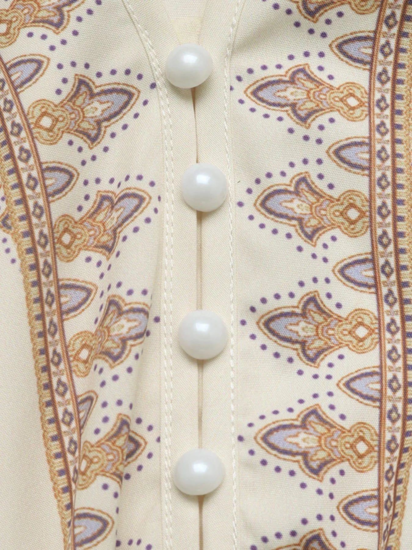 Bedrukt Jurk met Lange Mouwen en Taillekoord Beige