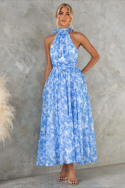 Midi-jurk met bloemenprint, halternek en open rug