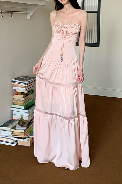 Satin Strapless Maxi Jurk met Strik Roze