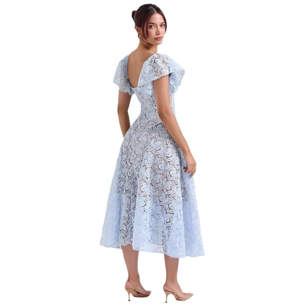 Midi-jurk met kanten klokmouwen blauw