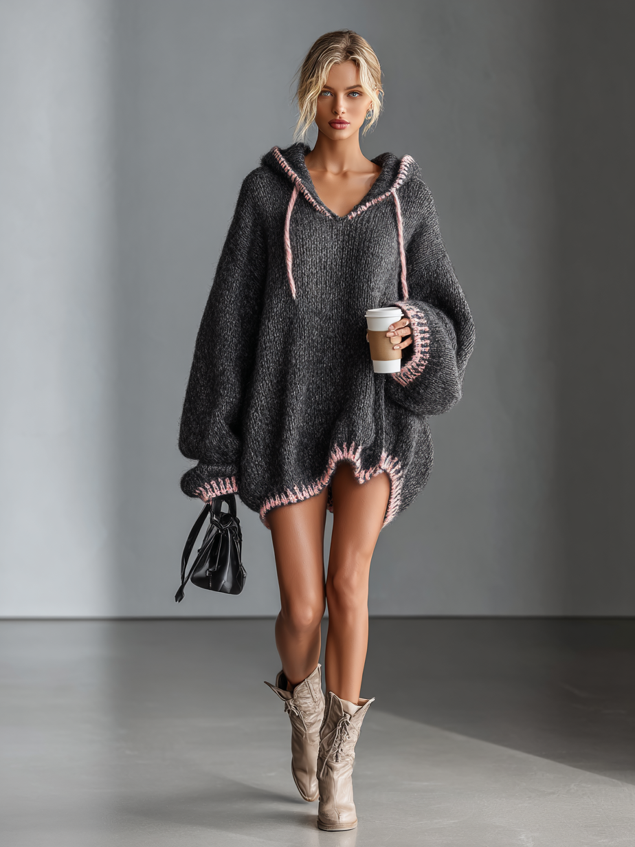 Damesjurk met capuchon, roze rand en comfortabele lengte