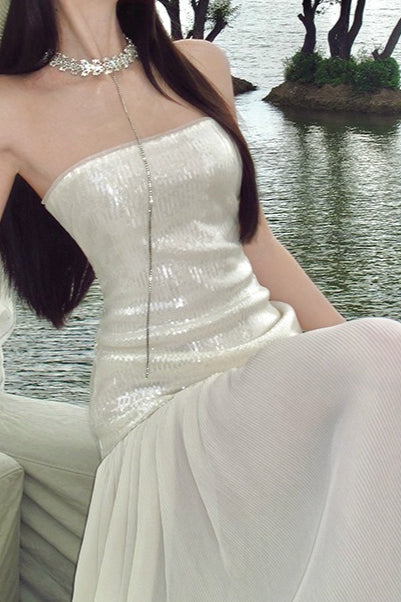 Witte Strapless Maxi-jurk met Pailletten Patchwork en Losse Pasvorm