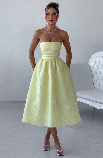 Bloemenjacquard Strapless Plissé Midi-jurk Citroen