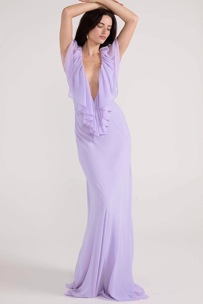 Diep V Ruffle Chiffon Maxi Jurk Paars