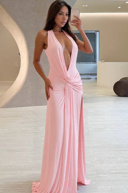 Maxi jurk met halslijn, rugloos en split, effen kleur