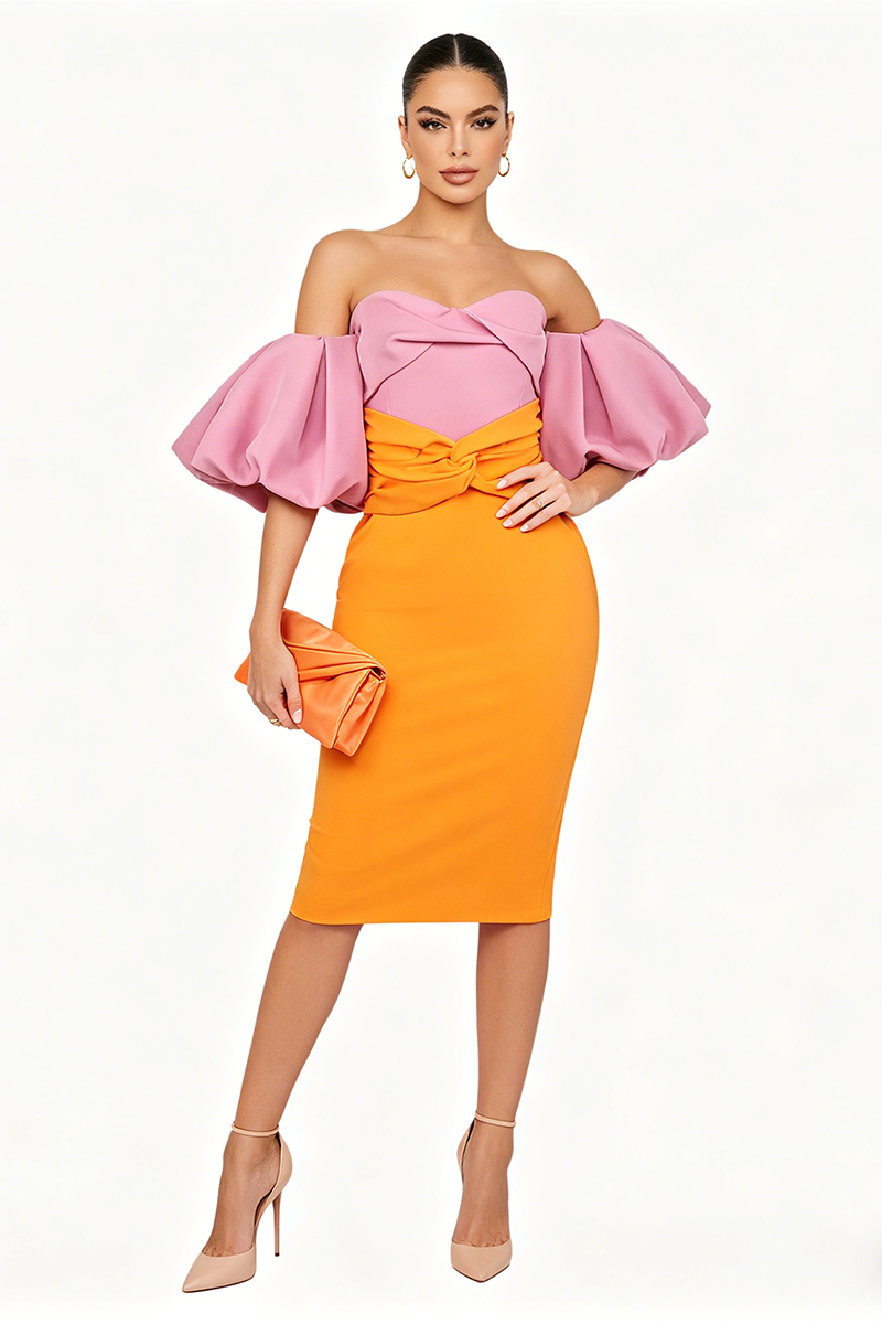 Midijurk met kleurvlakken en ballonmouwen roze oranje