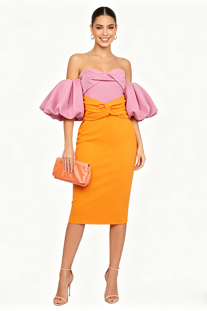 Midijurk met kleurvlakken en ballonmouwen roze oranje