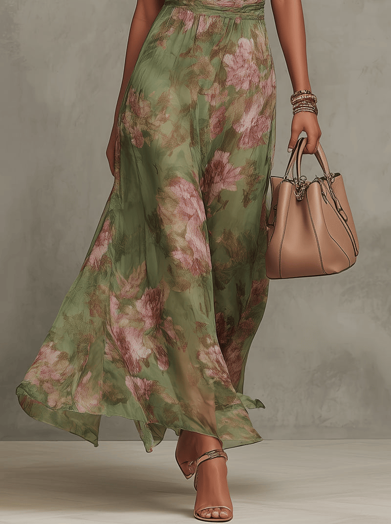 Chiffon maxi-jurk met bloemenprint en halternek groen