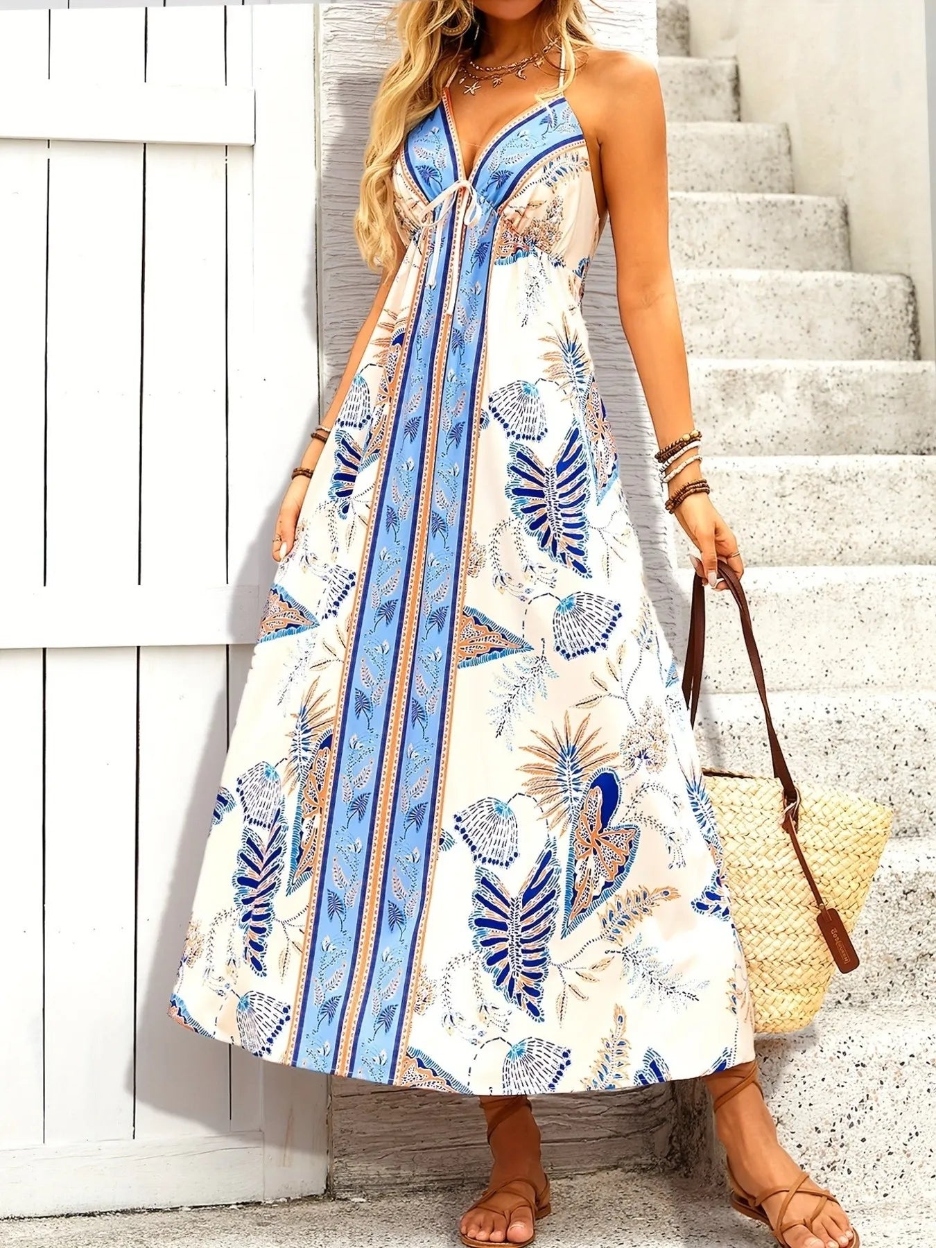 Gedrukt Midi-jurk met Halternek Blauw