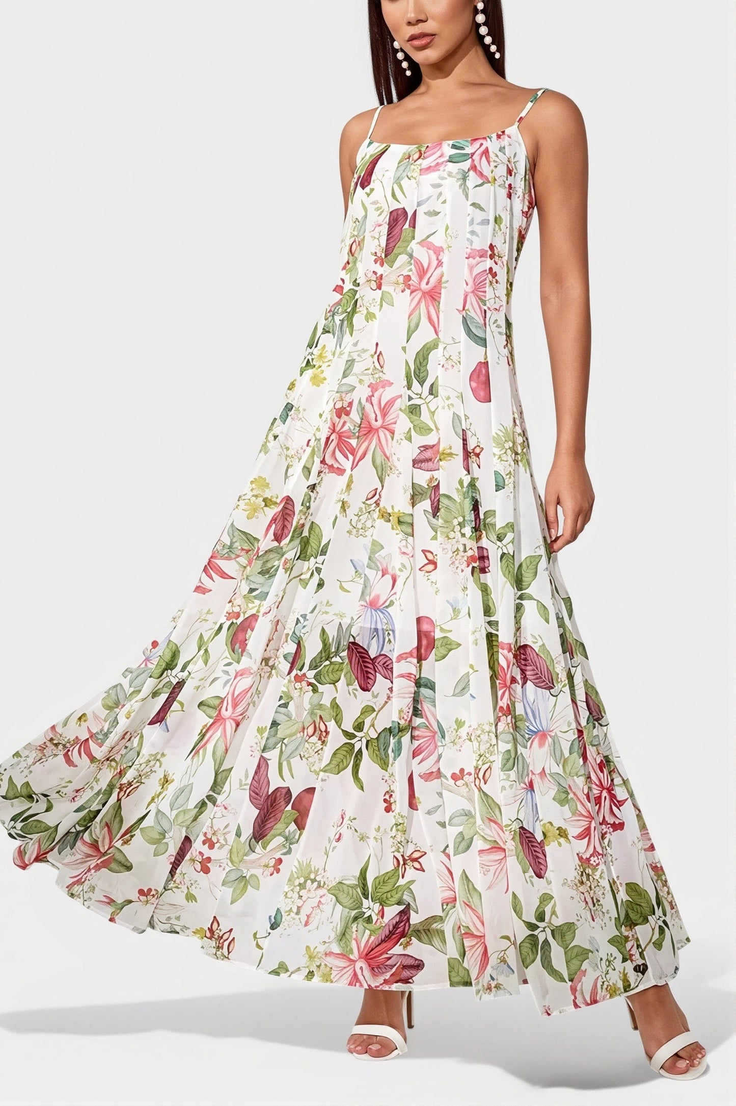 Dames maxi jurk met bloemenprint en A-lijn, voorkant