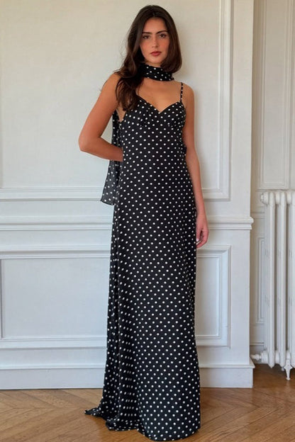 Zwarte polkadot maxi jurk met V-hals en open achterkant