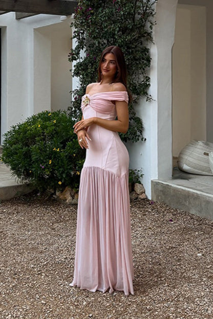 Off-shoulder mesh patch bodycon maxi-jurk roze