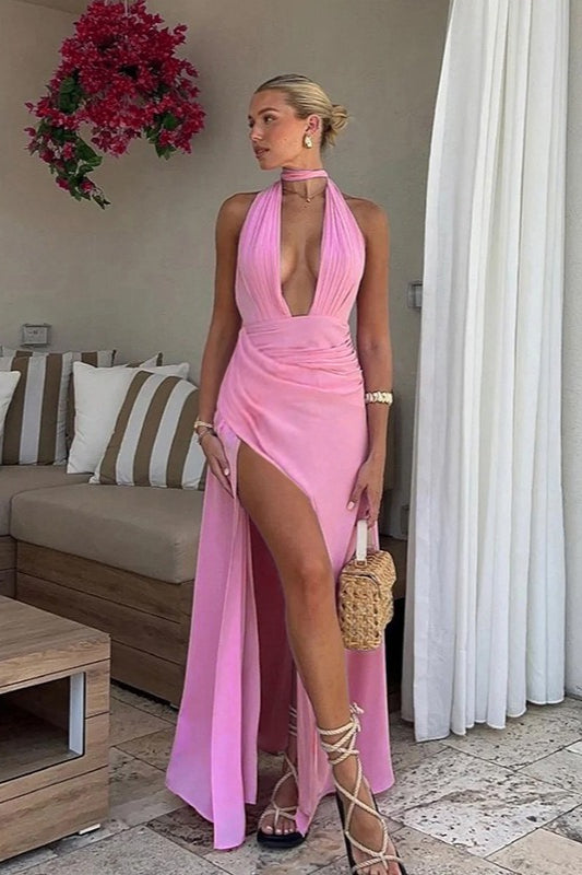 Halternek geplooide bodycon maxi-jurk met split