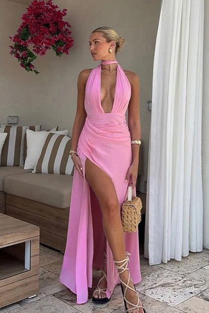 Halternek geplooide bodycon maxi-jurk met split
