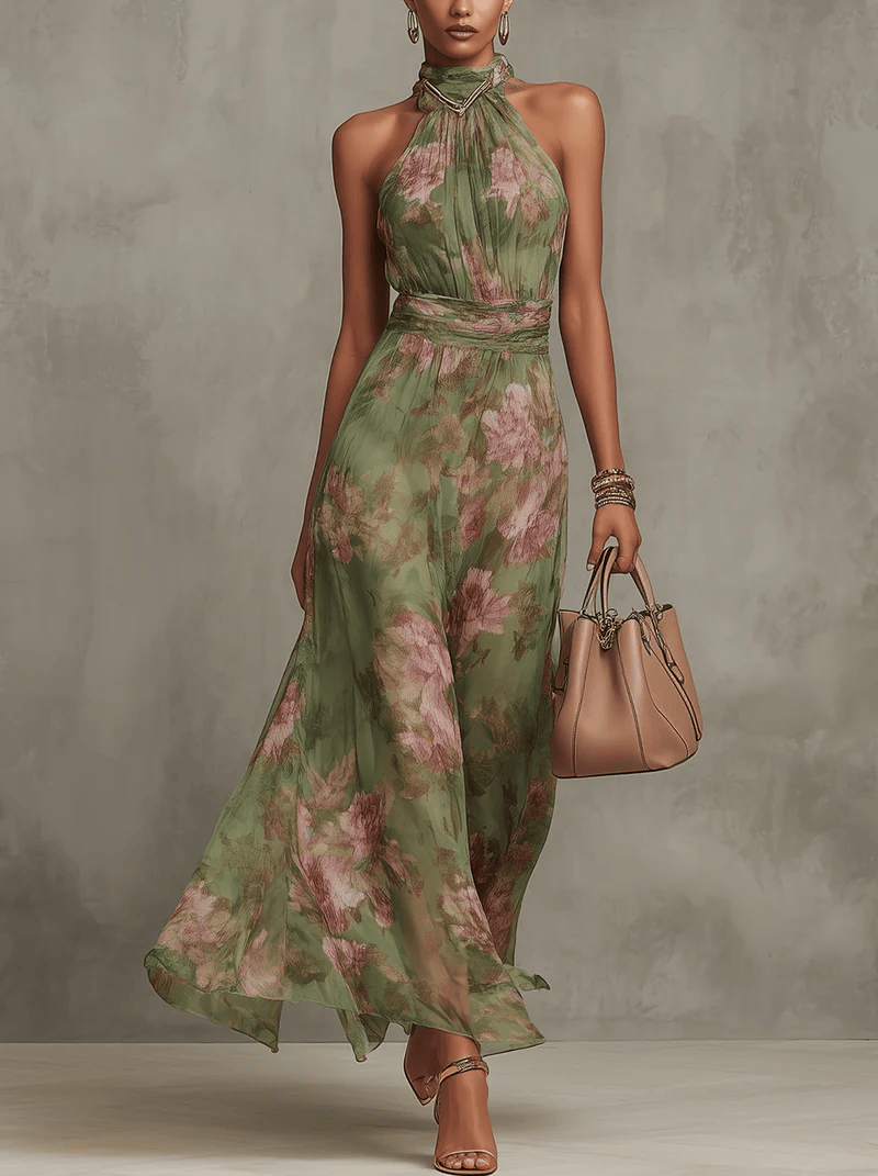 Chiffon maxi-jurk met bloemenprint en halternek groen
