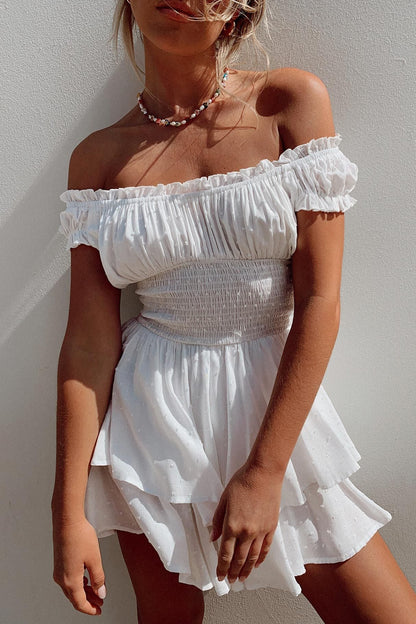 Dames off shoulder wikkel mini jurk met borduursel vooraanzicht