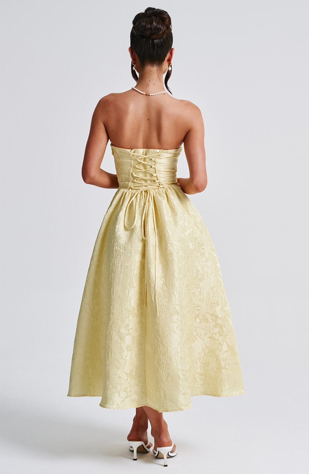 Bloemenjacquard Strapless Plissé Midi-jurk Citroen