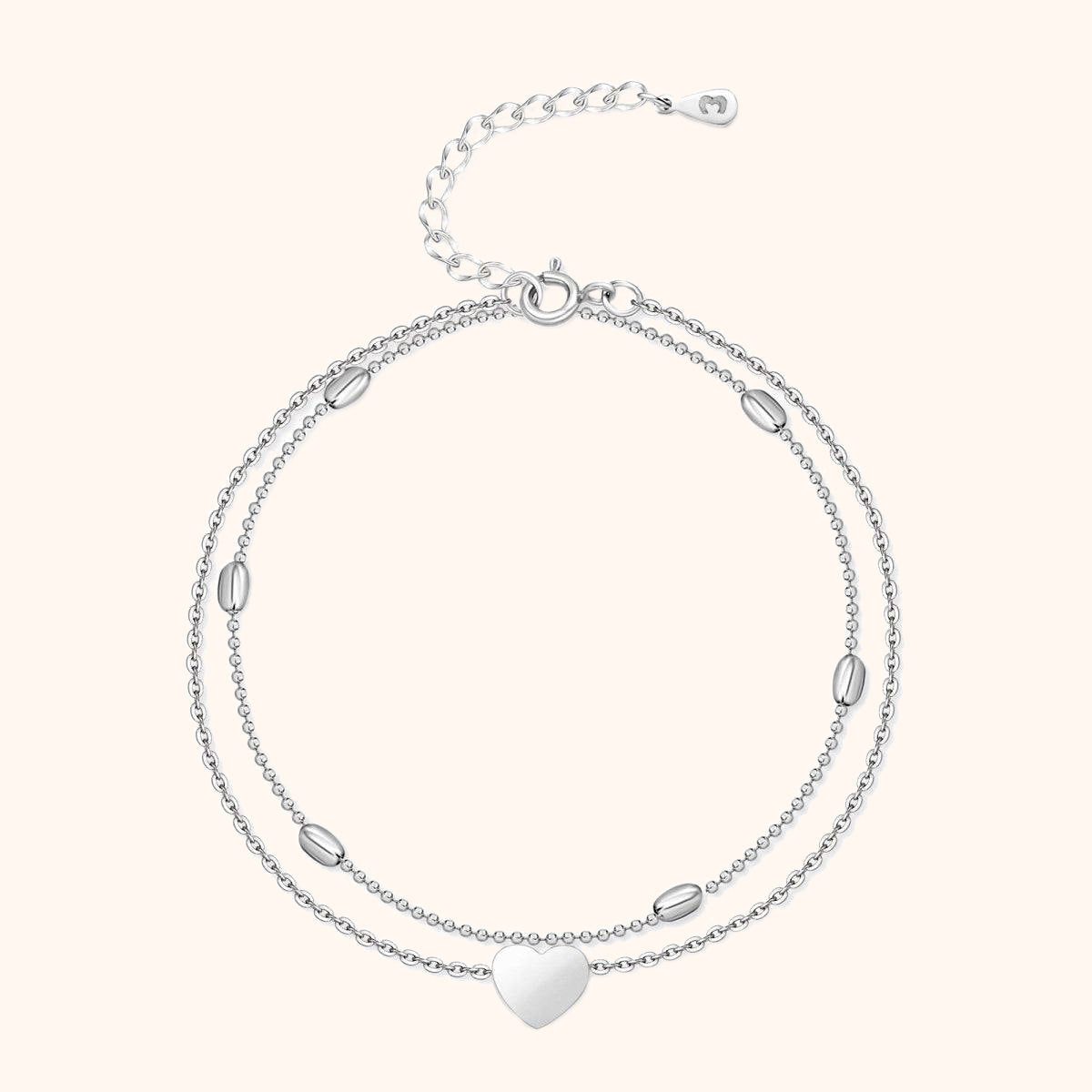 Zilveren Enkelband met Dubbele Ketting en Hartbedel voor Dames
