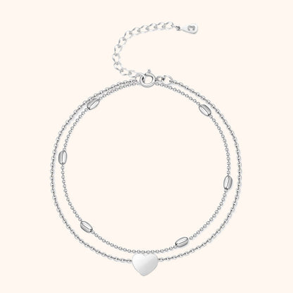 Zilveren Enkelband met Dubbele Ketting en Hartbedel voor Dames