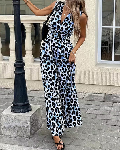 Trendy jumpsuit met luipaardprint en mouwloos ontwerp