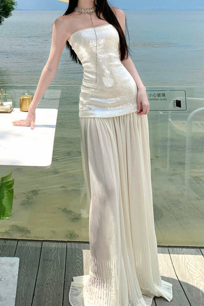 Witte Strapless Maxi-jurk met Pailletten Patchwork en Losse Pasvorm