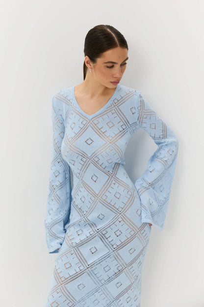 Gebreide Argyle Jacquard Maxi Jurk met Lange Mouwen