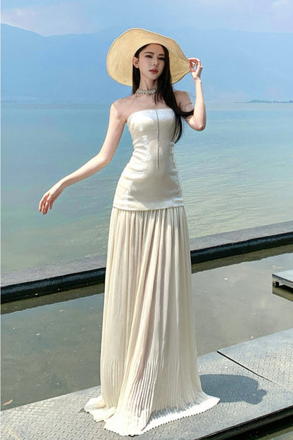 Witte Strapless Maxi-jurk met Pailletten Patchwork en Losse Pasvorm