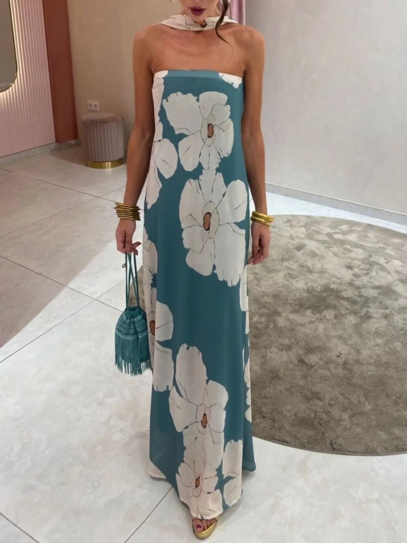 Bedrukt polyester buis maxi-jurk