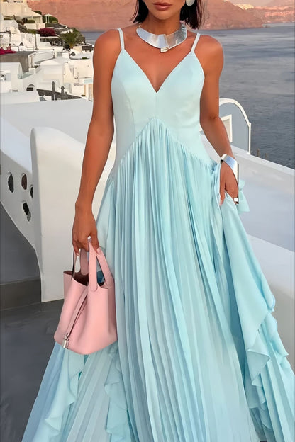 Plissé gelaagde swing maxi jurk blauw