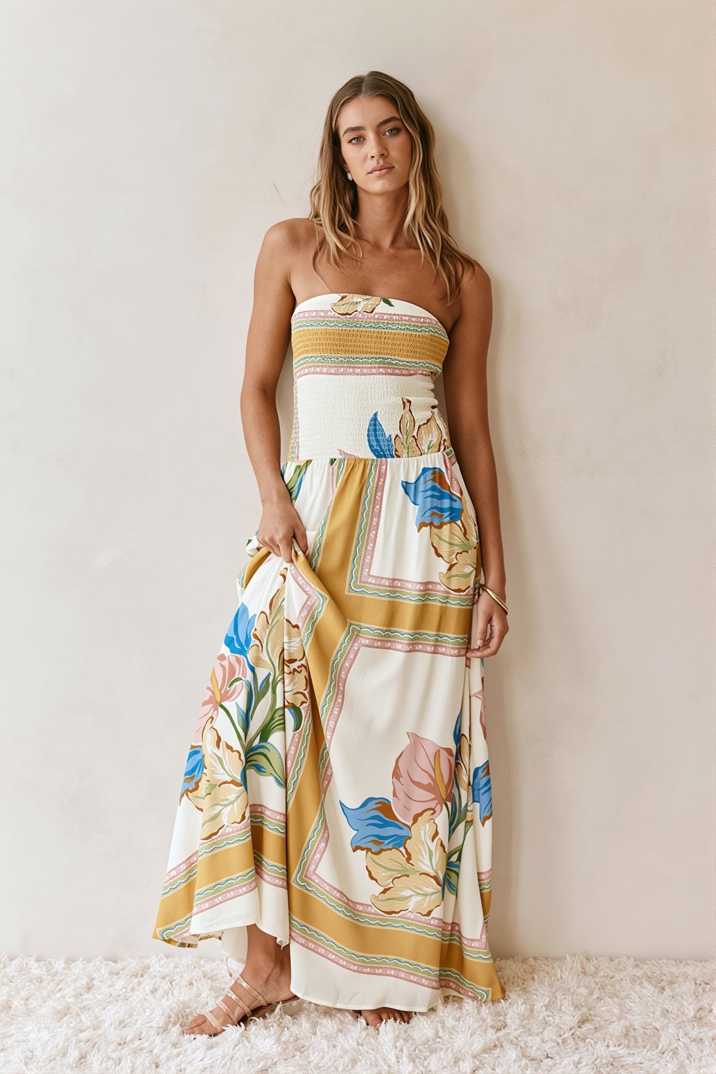 Dames maxi-jurk met bloemenprint en bandeauhals