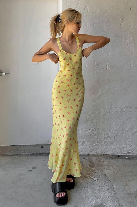 Maxi-jurk met bloemenprint en geplooide spaghetti bandjes geel