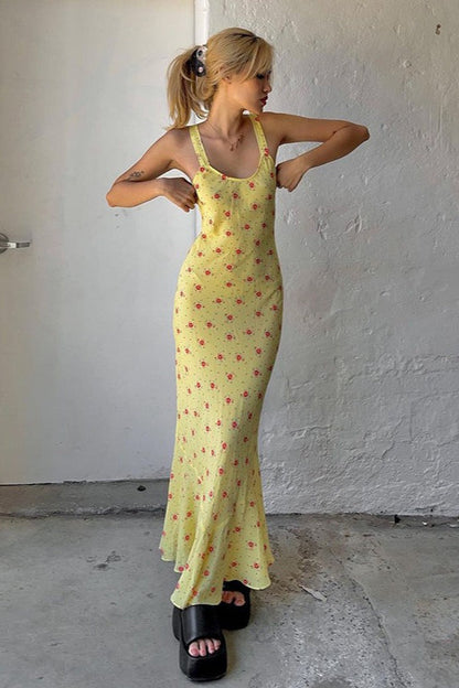 Maxi-jurk met bloemenprint en geplooide spaghetti bandjes geel
