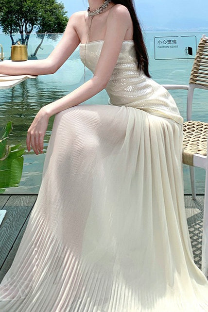 Witte Strapless Maxi-jurk met Pailletten Patchwork en Losse Pasvorm