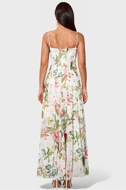 Detail van de bloemenprint op de dames maxi jurk