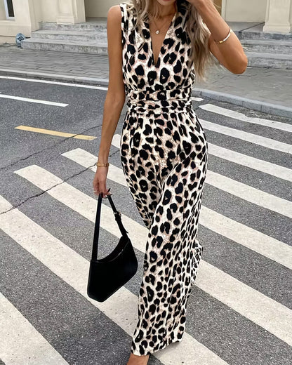 Luipaardprint jumpsuit zonder mouwen voor een zomerse look