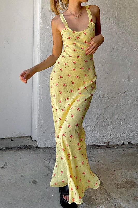 Maxi-jurk met bloemenprint en geplooide spaghetti bandjes geel