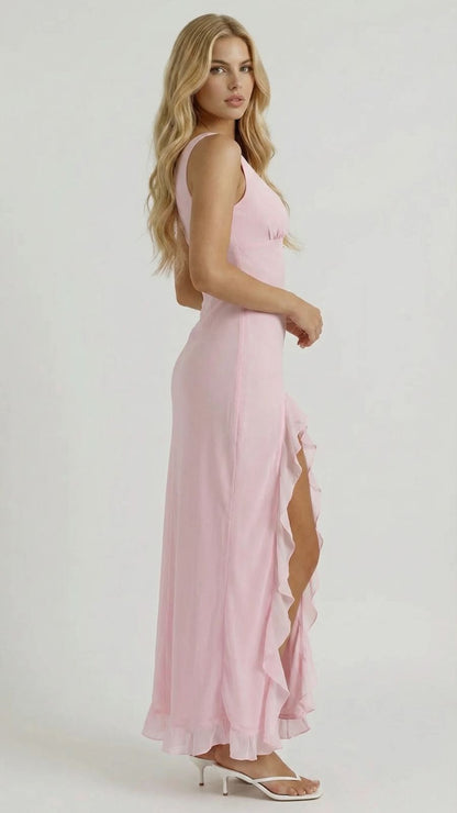 Mouwloze maxi-jurk met ruches en hoge split