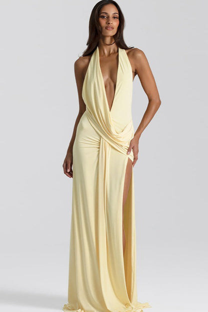 Maxi jurk met halslijn, rugloos en split, effen kleur