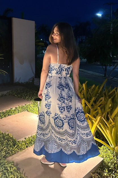 Polyester Midi Jurk met Spaghettibandjes Blauw
