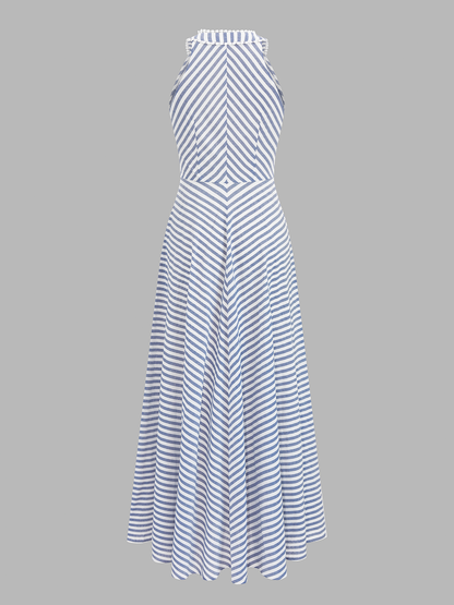 Dames gestreepte halter midi jurk met V-hals achteraanzicht
