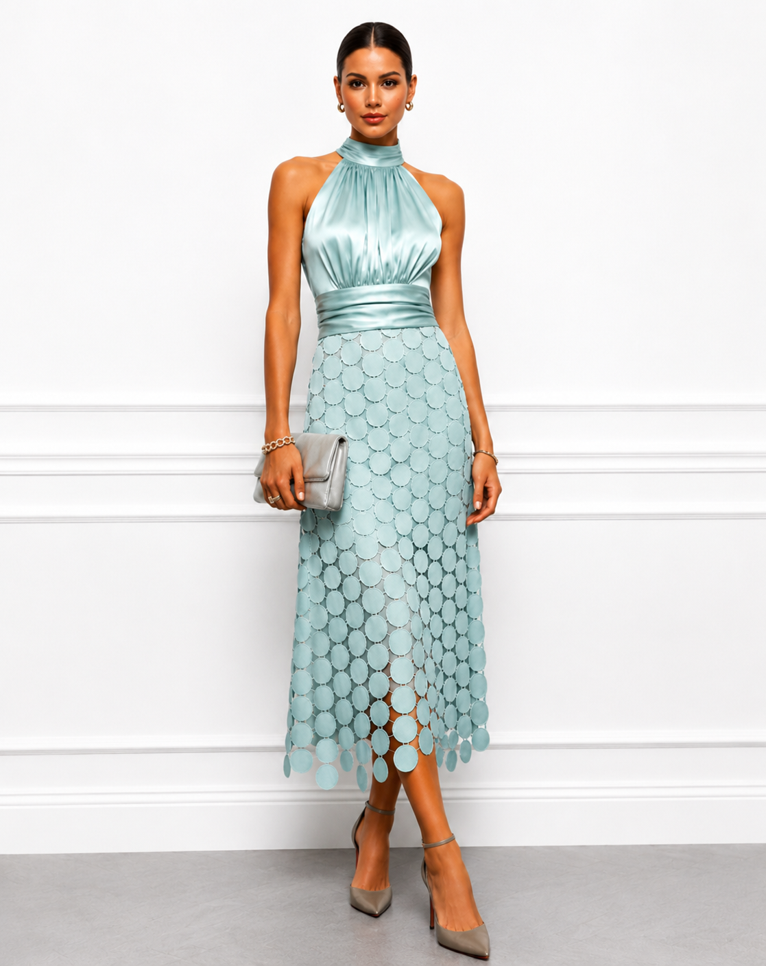 Dames Halter Midi Jurk Satijnlook Feestelijk