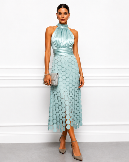 Dames Halter Midi Jurk Satijnlook Feestelijk