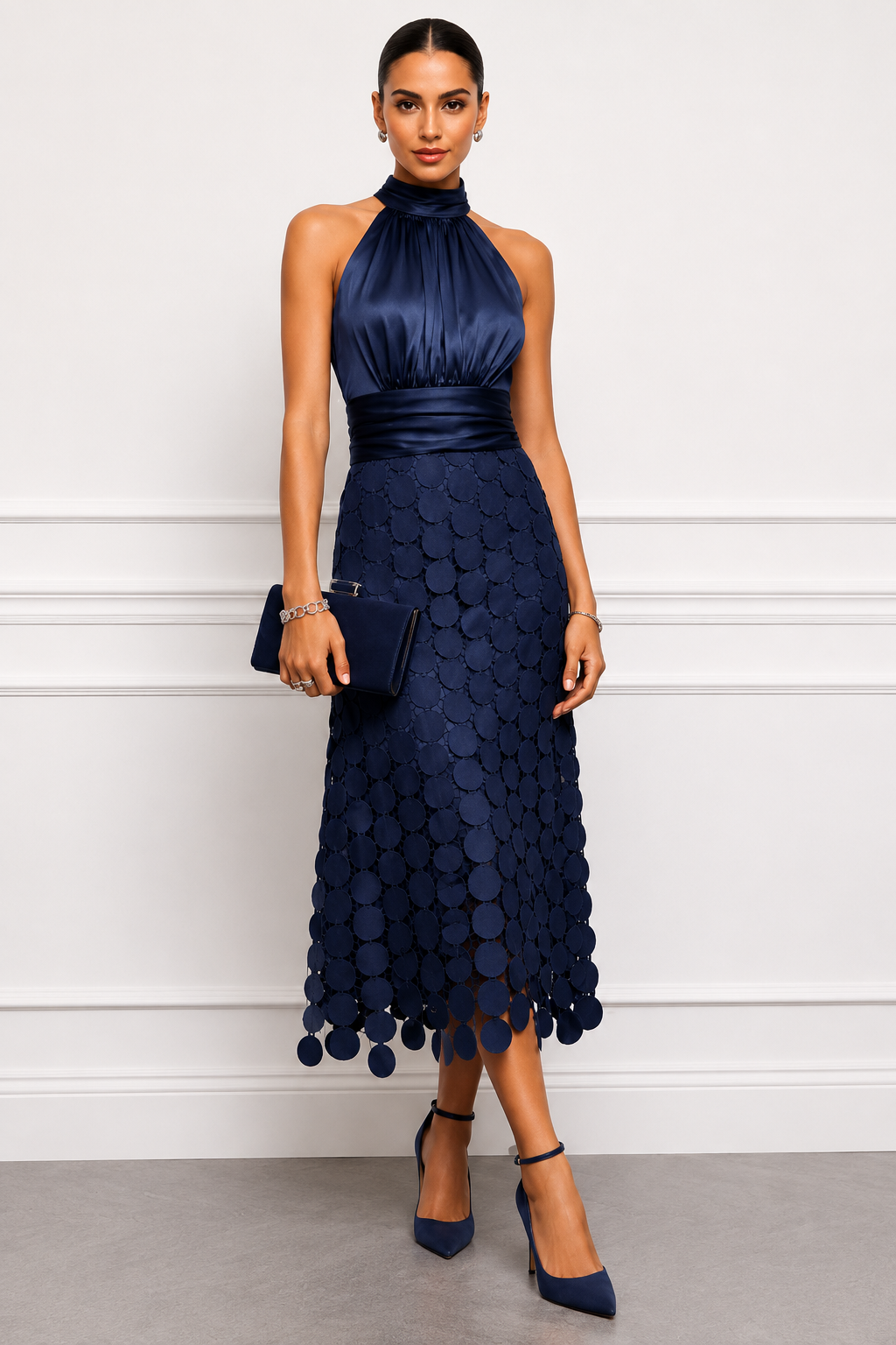 Dames Halter Midi Jurk Satijnlook Feestelijk