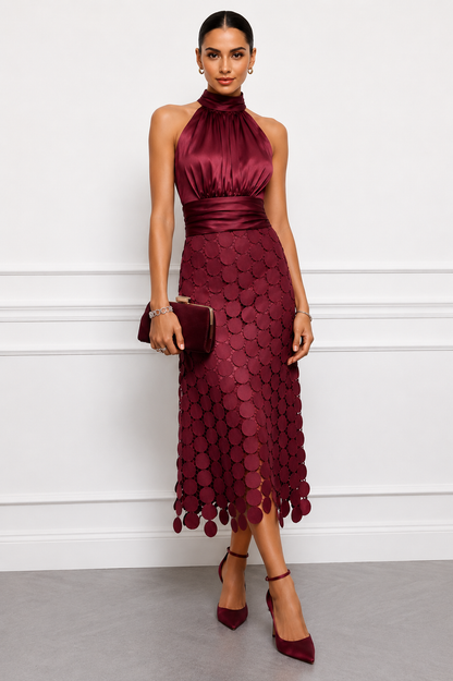 Dames Halter Midi Jurk Satijnlook Feestelijk