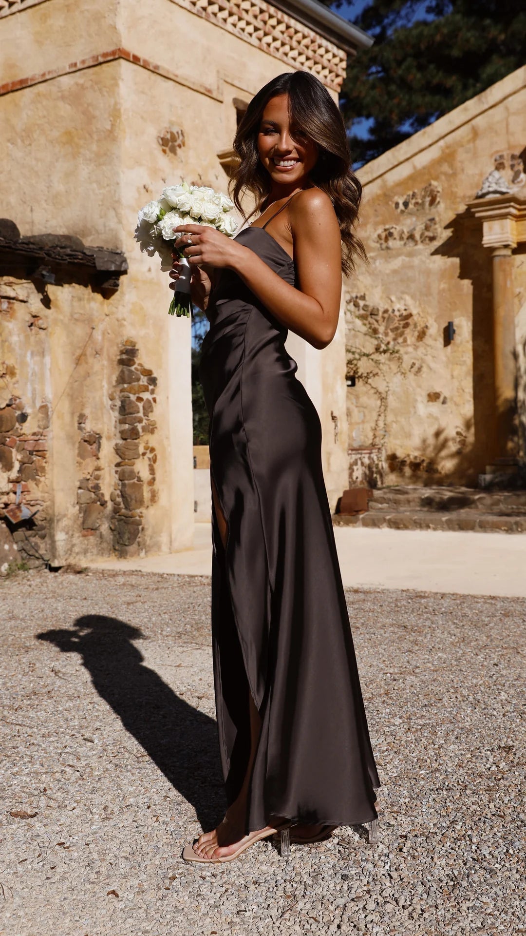 Dames Lange Satijnlook Slipdress Met Zijsplit