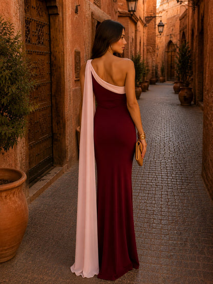 Dames one shoulder maxi jurk met colourblock detail, achterkant